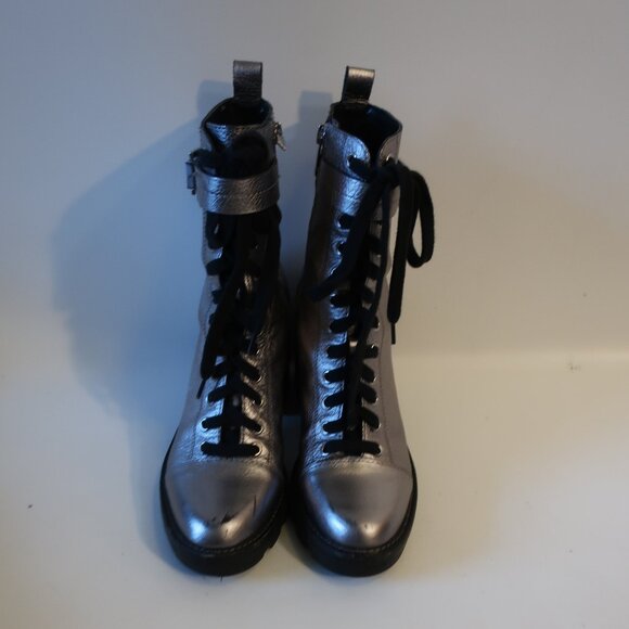 Womens Marc Fisher Waren Silver Leather Lace Up Zip Block Heeled Combat Boots 8 - Picture 4 of 15